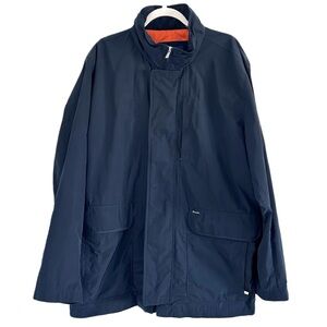 Faconnable Rain Jacket Car Coat XL Roll Up Hood Zip + Snap Pockets Navy Blue